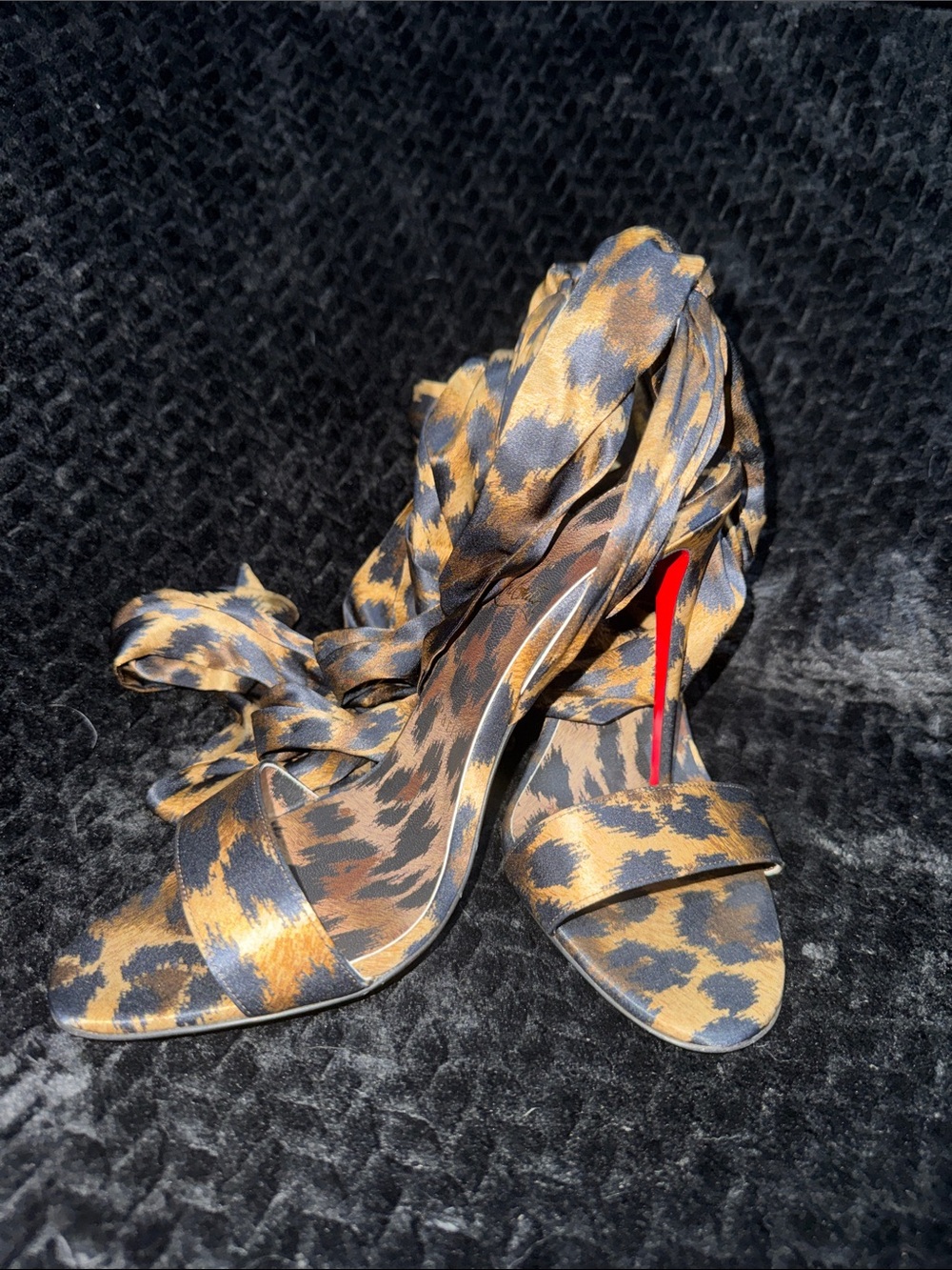 Christian Louboutin Leopard-Print Satin Ankle-Tie Heels in Gold and Black - Picture 4 of 11